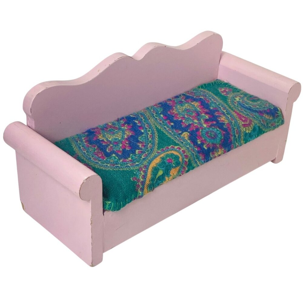 Vintage Pink Wooden Doll Couch With Colorful Paisley Seat House Furniture